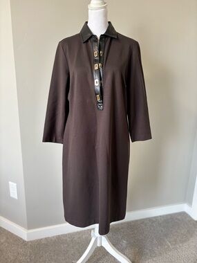 J. McLaughlin Dark Brown Long-Sleeve Shift Dress with Faux Leather Placket